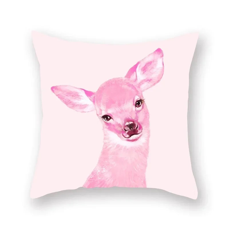 Floral Animal Painting Pillowcase Pink Cat Dog Llama Sofa Cushion Cover Home Decor