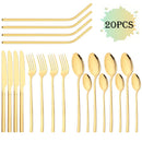 Axyaa 20-Piece Stainless Steel Gold Cutlery Set and Metal Straw Kit