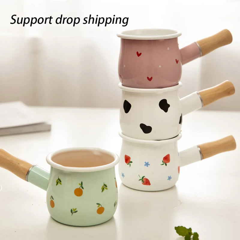 Axya Enamel Coffee Milk Pot Wooden Handle Saucepan Cookware Butter Pan Gas Stove
