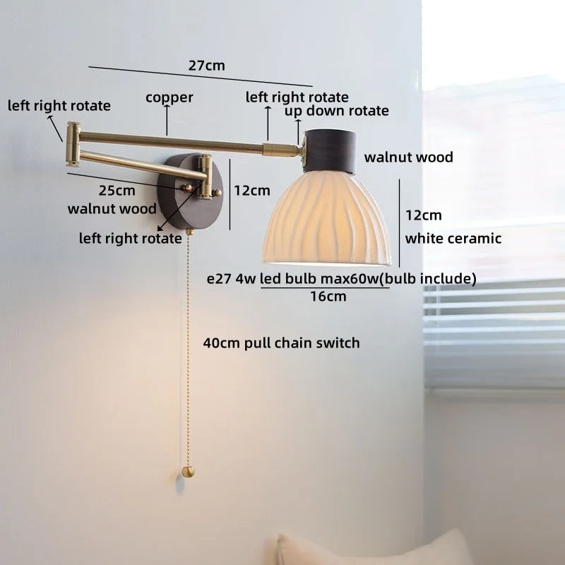 Axyaa Ceramic LED Wall Lamp, Swing Arm Rotate White Interior Light