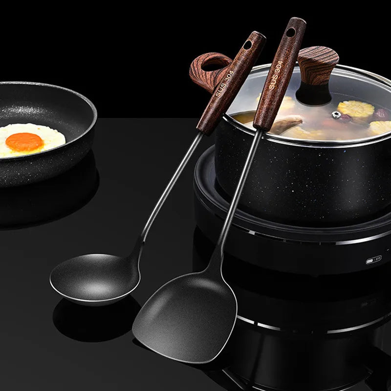 Axyaa 304 Stainless Steel Utensils Set with Wooden Handle - Black Color