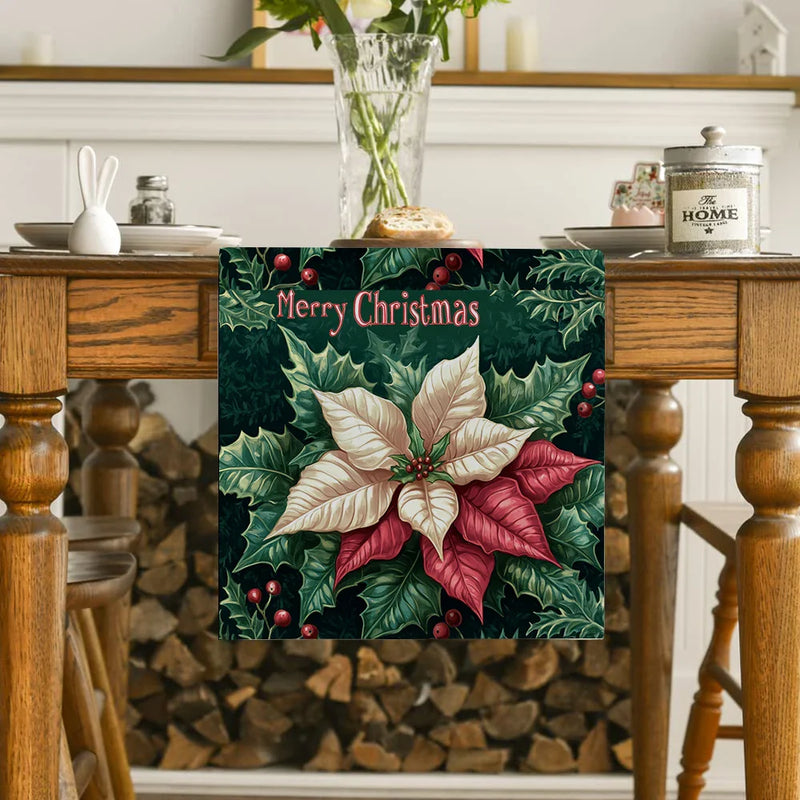 Axyaa Poinsettia Berry Snowflake Table Runner - Festive Home Decor for Dining and Parties