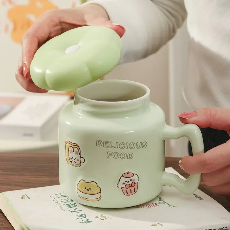 Axyaa Cartoon Ceramic Breakfast Coffee Mug with Lid for Home and Office