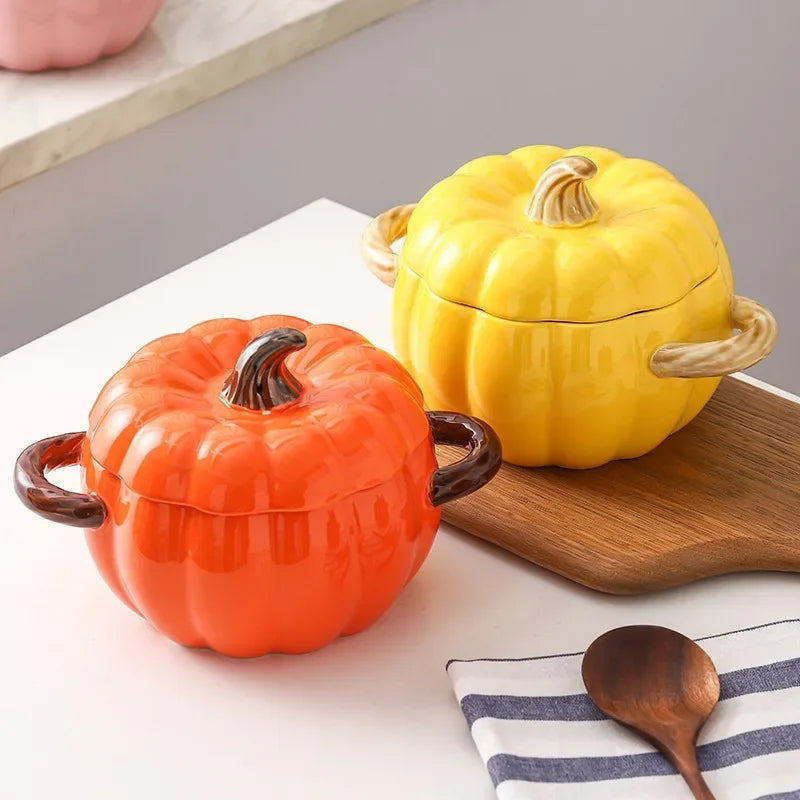 Axya Ceramic Pumpkin Soup Pot with Lid and Binaural Handle