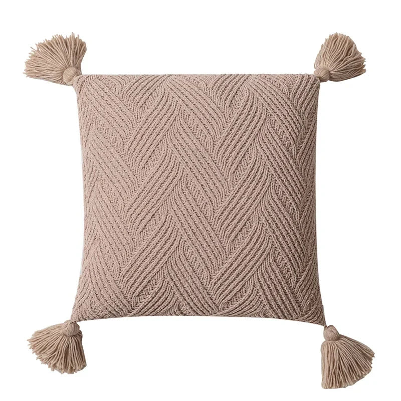 Axyaa Twill Knit Cushion Cover 45x45cm - Solid Pillow Case with Tassels