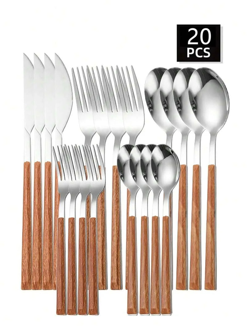 Axyaa Stainless Steel Cutlery Set with Imitation Wood Handles for Home, Hotel, Party