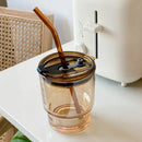 Axyaa Coloured Glass Tumbler Cup with Lid & Straw - 400ml Grey Amber Glass