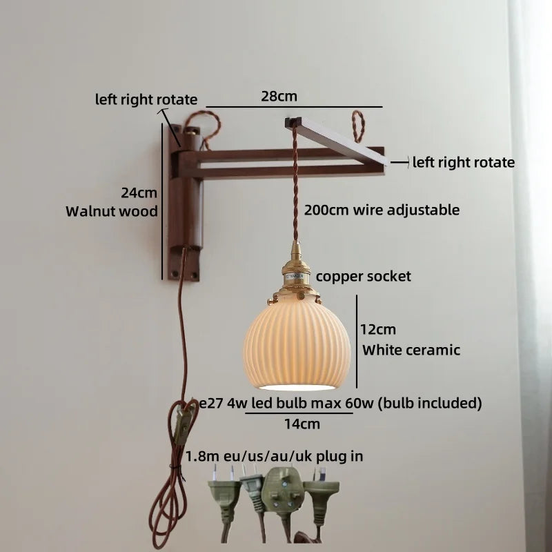 Axyaa Walnut Wood LED Wall Lamps Switch Ceramic Japan Style Kitchen Stair Light