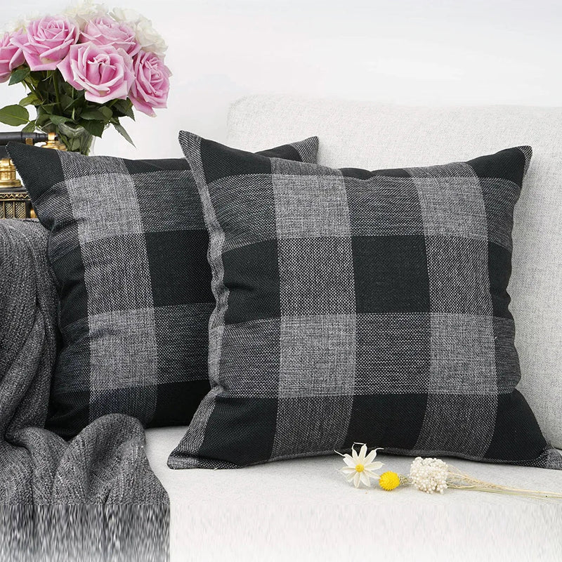 Axyaa Buffalo Plaid Check Throw Pillow Covers in Blue White Orange Ivory.