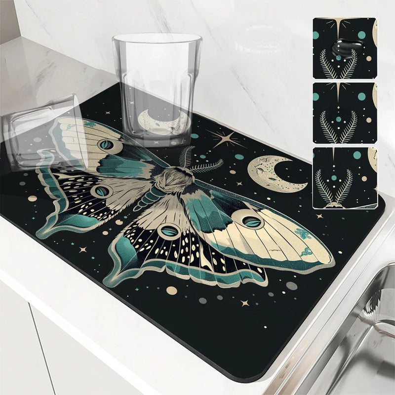 Axyaa Moon Moths Drain Pad: Non-slip Dish Drying Mat for Kitchen Counter