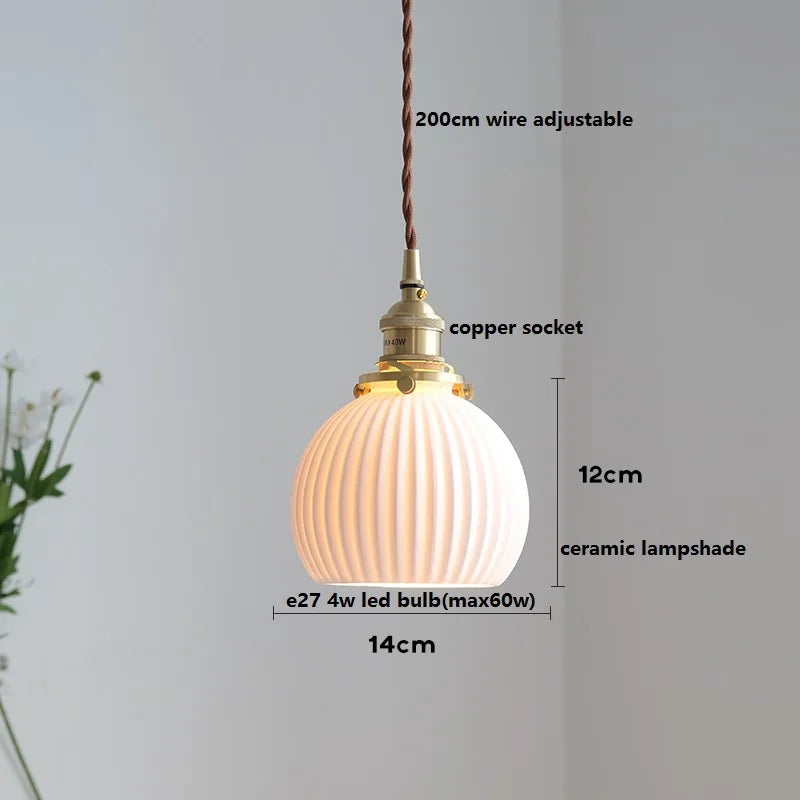 Axyaa White Ceramic LED Pendant Light with Wood Handle - Bedroom Living Room Lamp