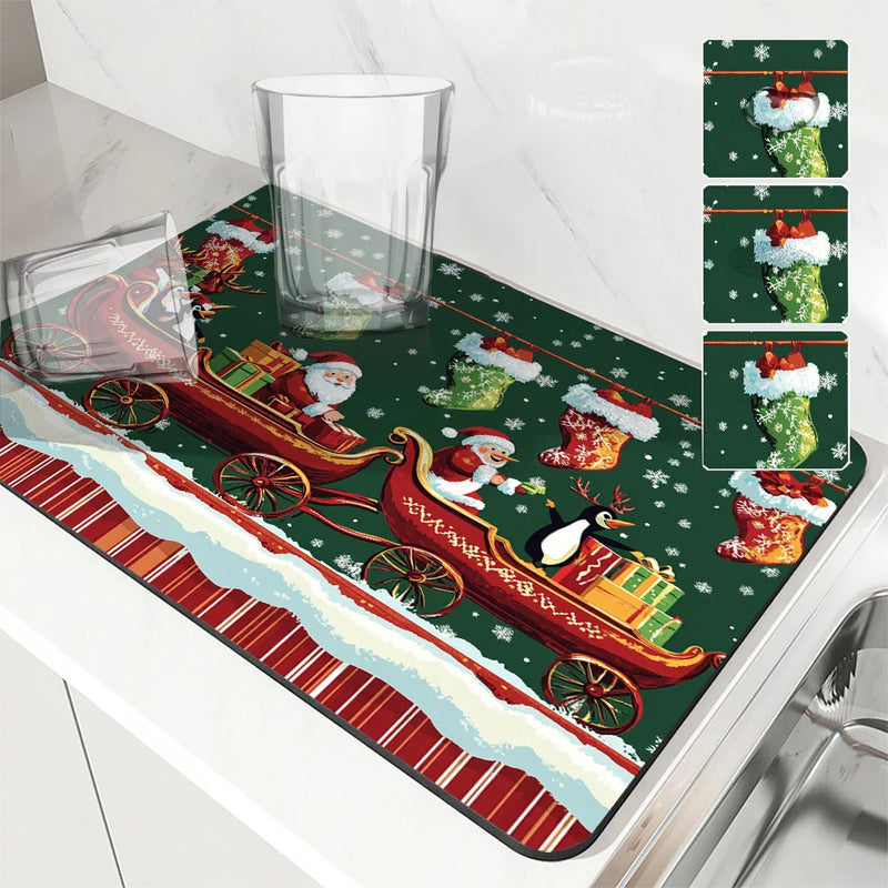 Axyaa Christmas Santa Drying Mat Absorbent Dish Placemat