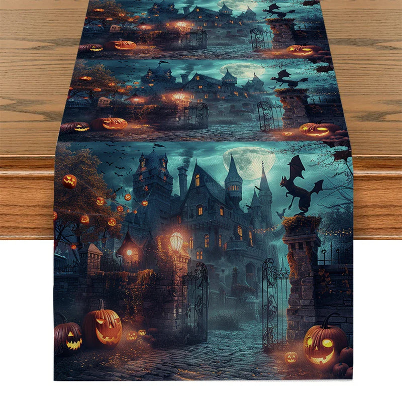 Axyaa Halloween Castle Pumpkin Head Moon Bat Street Table Runner