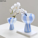 Axyaa Blue White Striped Glass Vase for Artistic Flowers and Home Decor