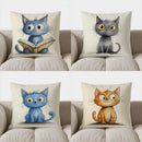 Cute Blue Cat Reading Book Pillow Cover for Sofa, Bedroom, Car - Axyaa