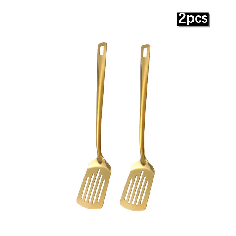 Axyaa 6pcs Korean Stainless Steel Kitchenware Set - Golden Soup Spoon, Colander, Hot Pot Spoon