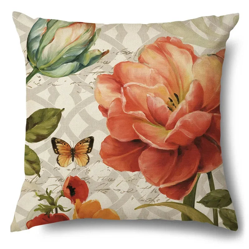 Axyaa Rose Butterfly Print Cotton Linen Pillowcase for Modern Living Room Decor