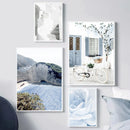 Blue Flower Santorini Sea Wall Art Canvas Painting Greece Island Poster - Axyaa Nordic Home Decor