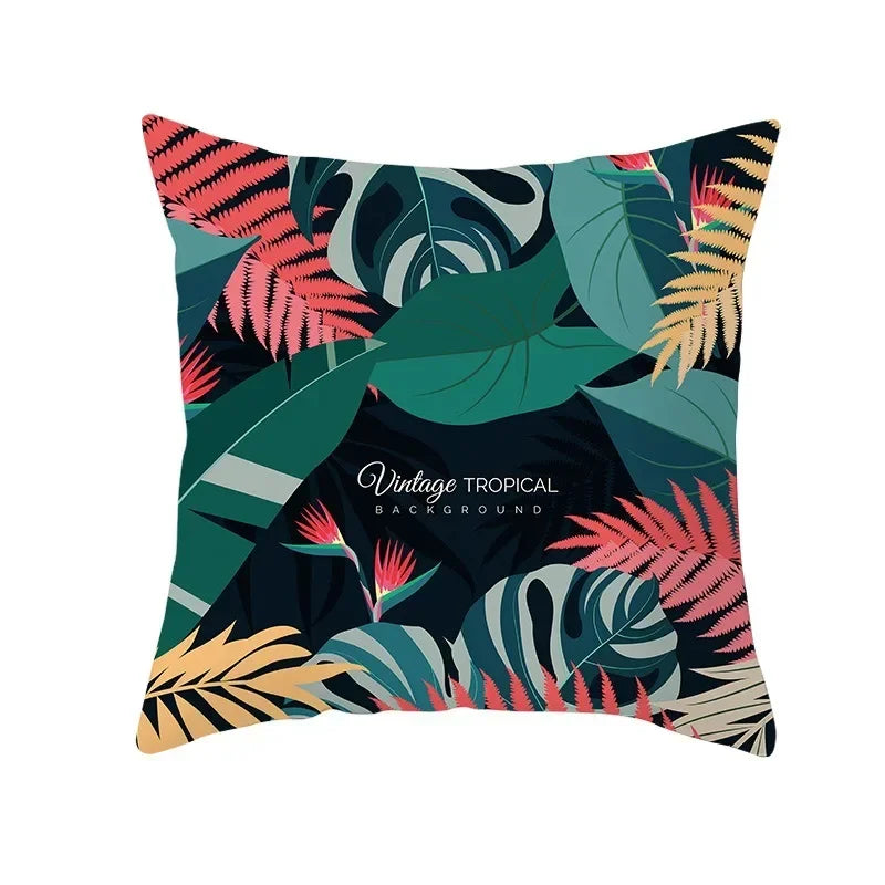 Flamingo Flower Rainforest Cushion Cover with Tropical Plant Animal Pattern by Axyaa
