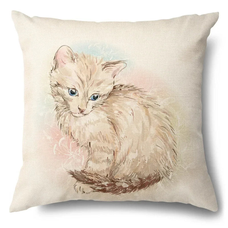 Axyaa Cartoon Kitty Cat Linen Pillowcase for Bed, Couch, and Sofa Décor