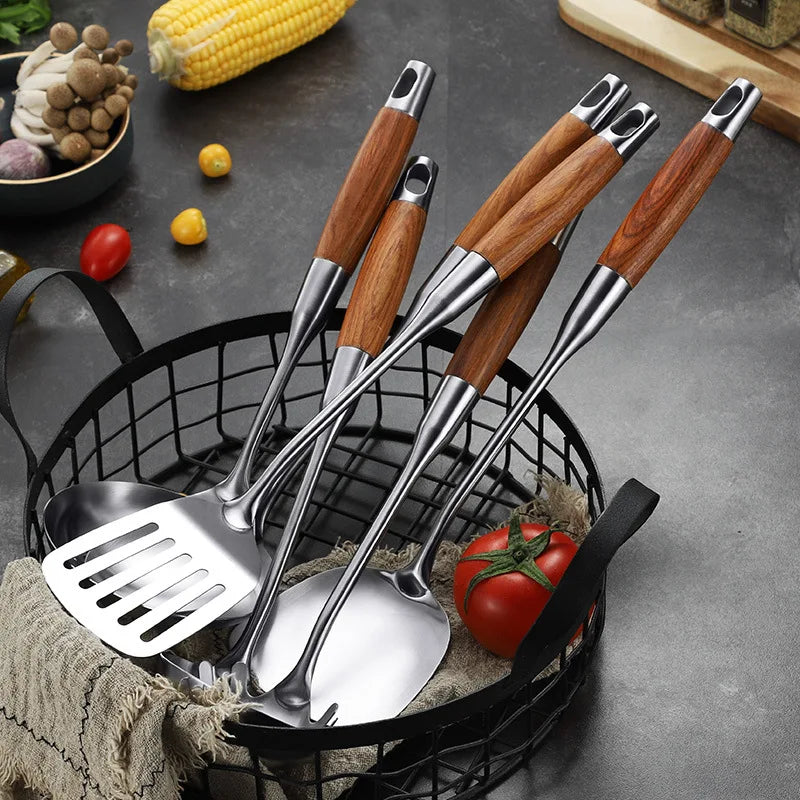 Axyaa Stainless Steel Wooden Handle Kitchen Utensils Set