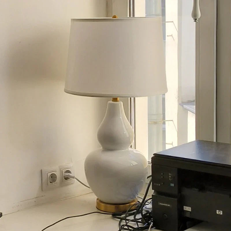 Axyaa White Ceramic Gourd Table Lamp for Bedroom Living Room Study