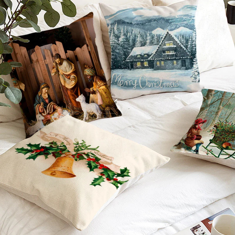 Axyaa Christmas Linen Cushions 45x45 for Living Room Sofa Decor