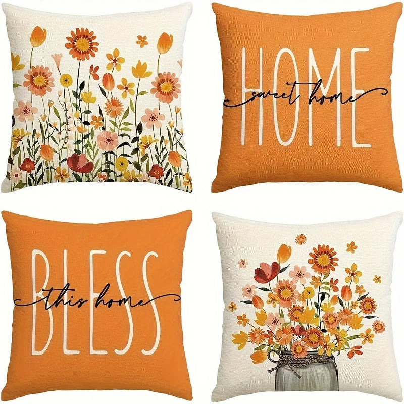 Axyaa Orange Floral Pillowcase - Home Decor Sofa Chair Cushion Cover