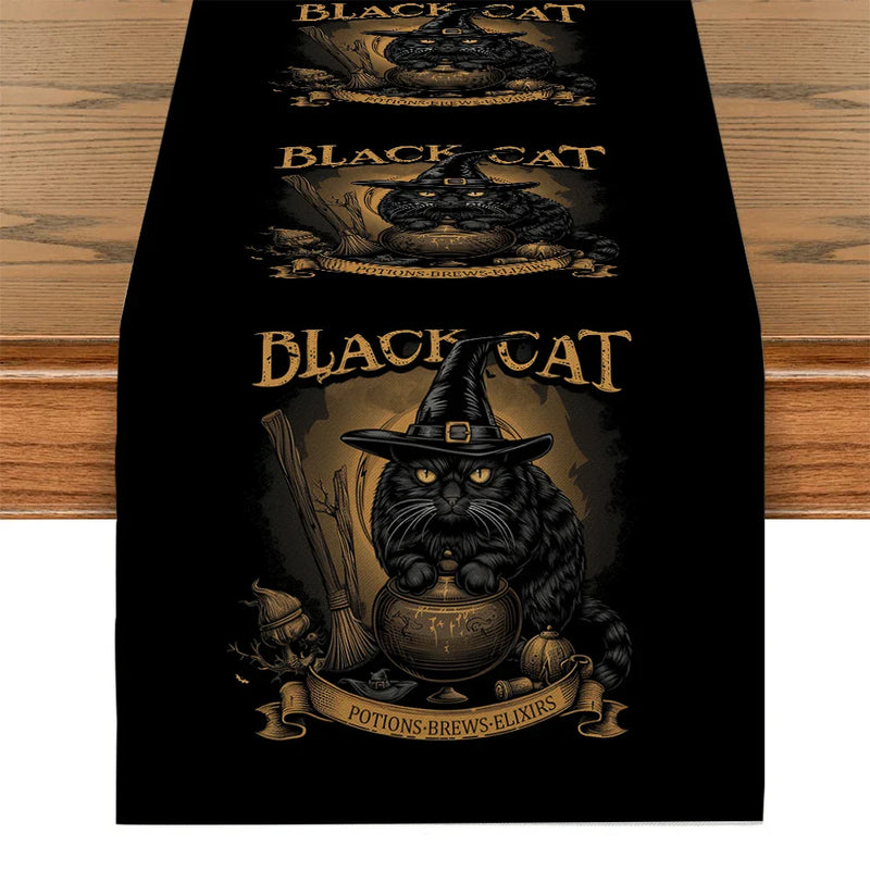 Axyaa Black Cat Broom Jar Hat Table Runner Halloween Decor