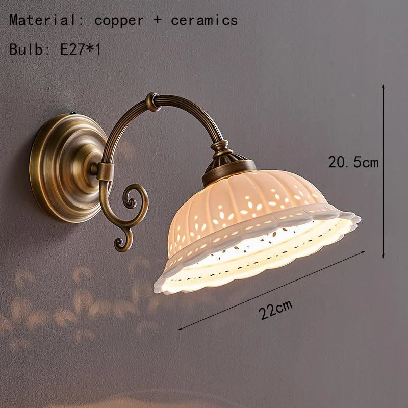 Axyaa White Ceramic Wall Light with E27 Bulb, Old Brass Finish