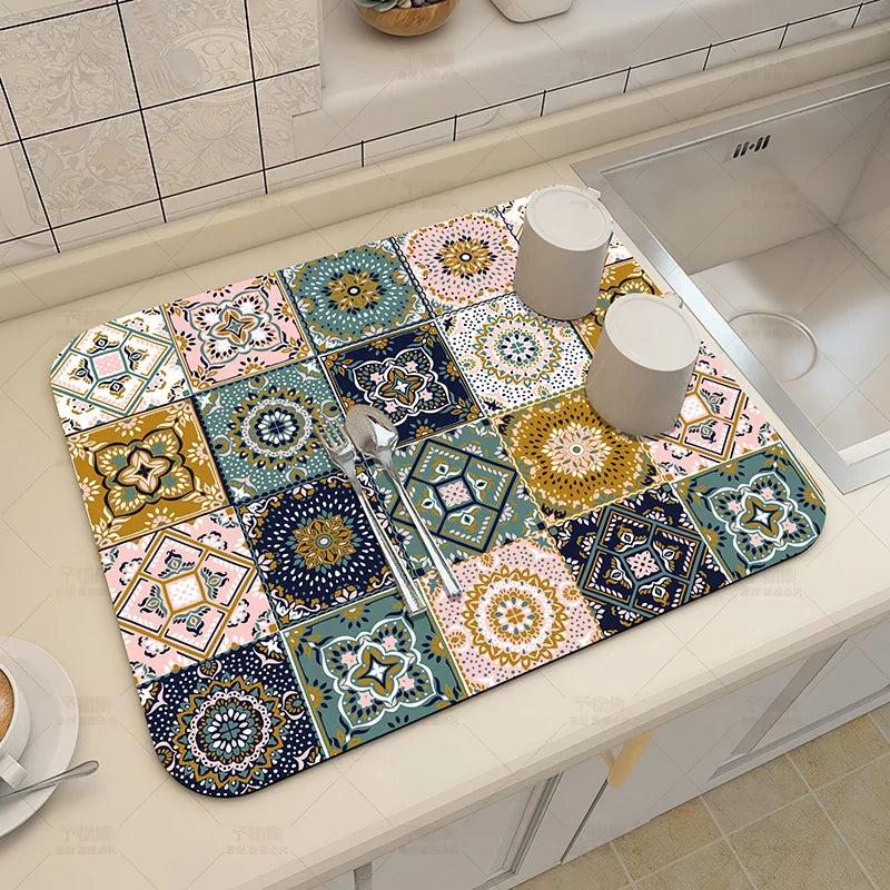 Ethnic Printed Coffee Draining Mat by Axyaa: Super Absorbent & Quick Drying Rug