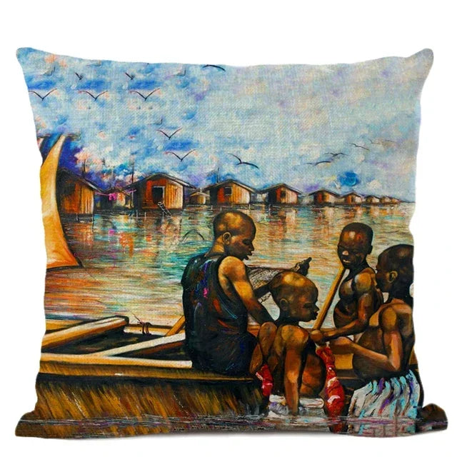 African Tribal Life Oil Painting Decorative Cushion Cover for Axyaa Branded Linen Pillowcase
