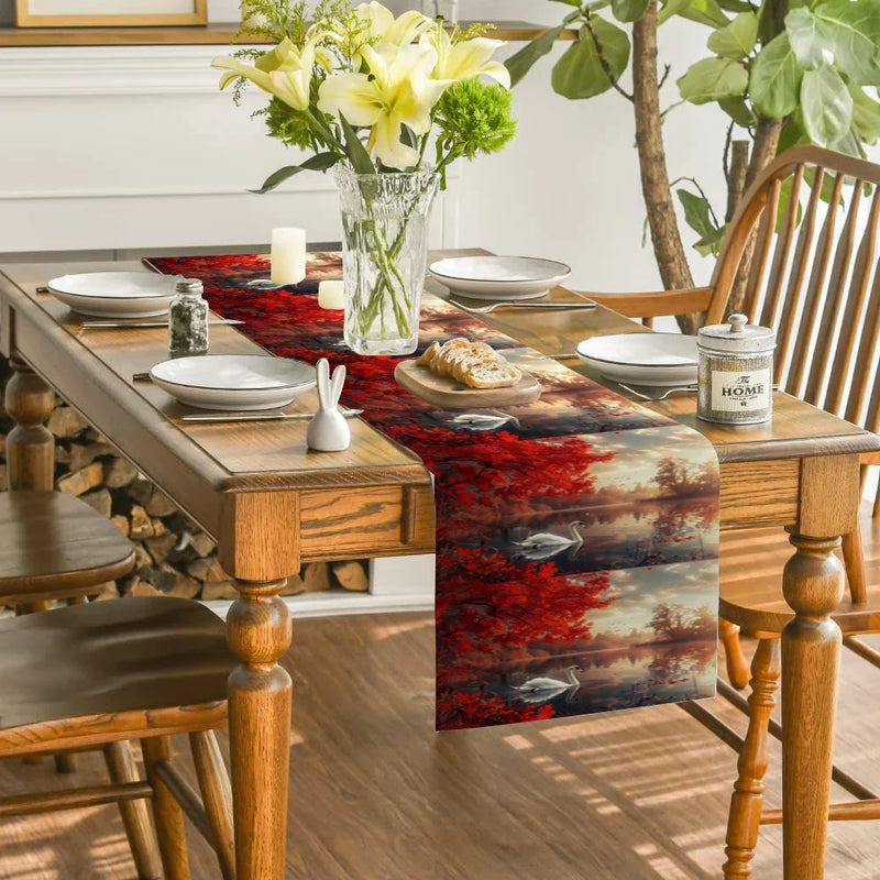 Axyaa Red Maple Swan Lake Table Runner for Home Decoration