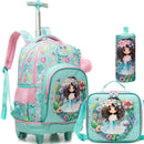 Axyaa Girls 3-Piece Rolling Backpack Set with Wheeled Luggage, Lunch Bag, Pencil Case