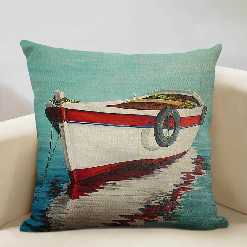 Axyaa Boat Pattern Linen Cushion Cover for Home Sofa Decor