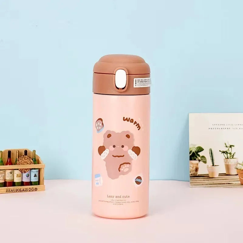 Axyaa 380ml Stainless Steel Vacuum Flask with Straw - Cute Thermal Insulation Water Bottle