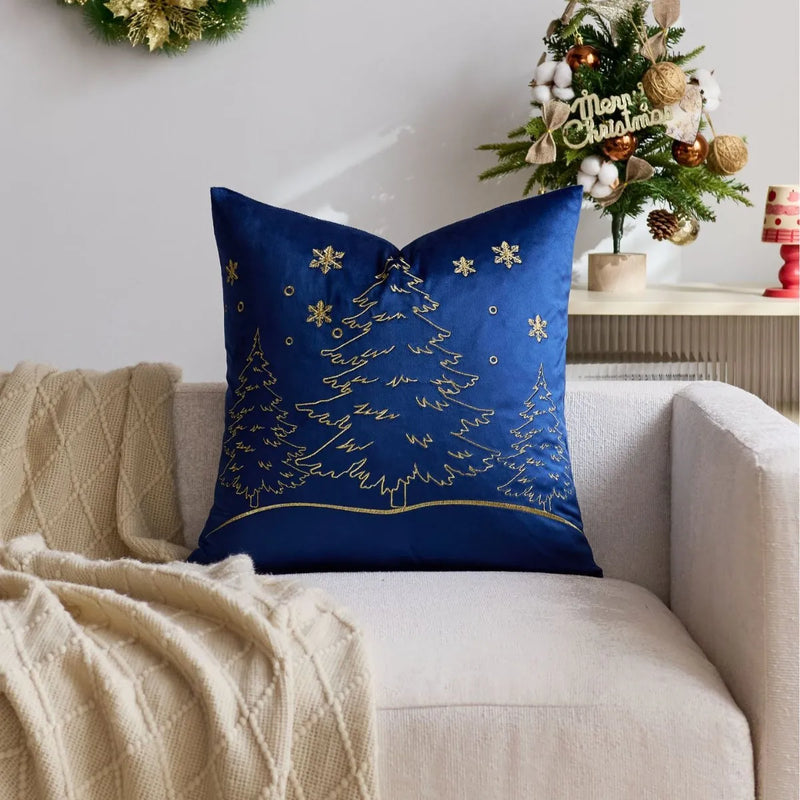 Axyaa Christmas Tree Pillow Cover - Silver Gold Snowflake Velvet - Home Decoration - 45x45cm