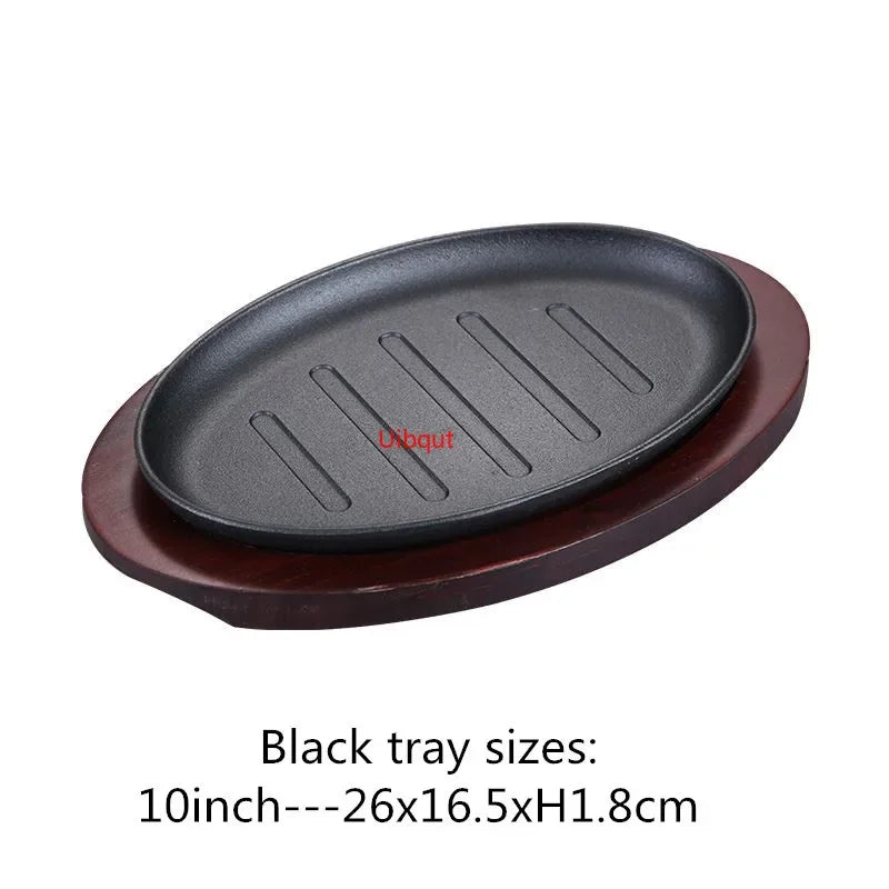 Axya Round Cast Iron BBQ Grill Pan with Wooden Tray for Striped Steak & Barbecue