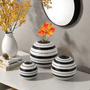 Axyaa Striped Round Ball Vase: Geometric Lines, Black and White, Home Decor