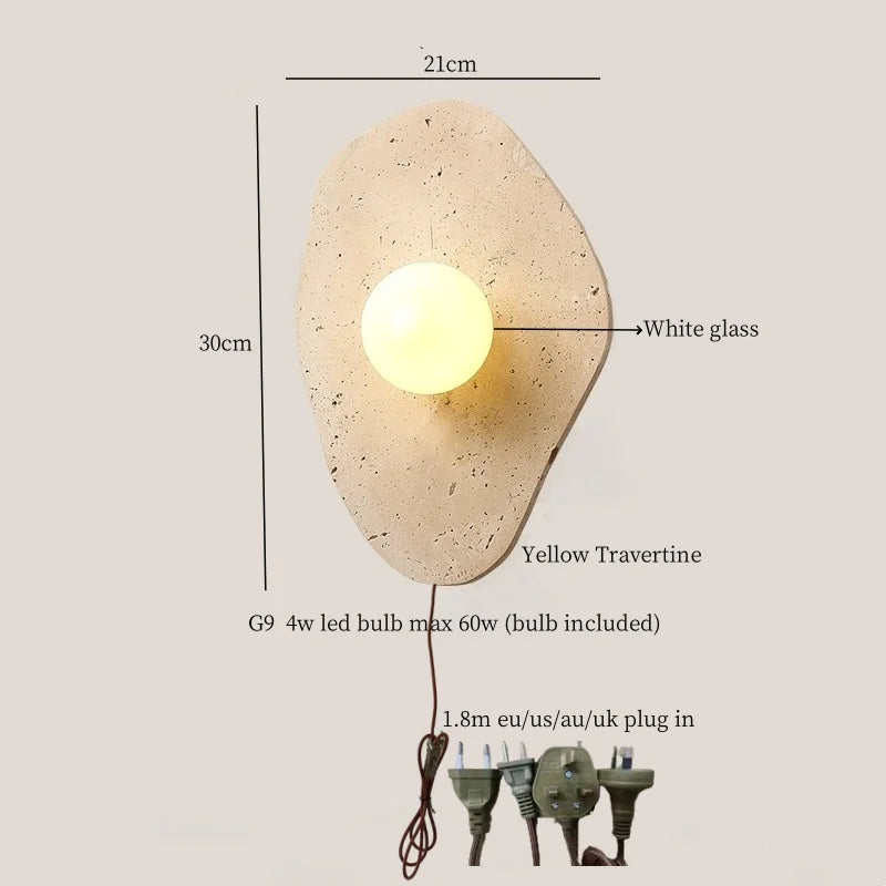 Axyaa Wabi Sabi LED Wall Lamps with Pull Chain Switch, Yellow Travertine Bathroom Mirror Light