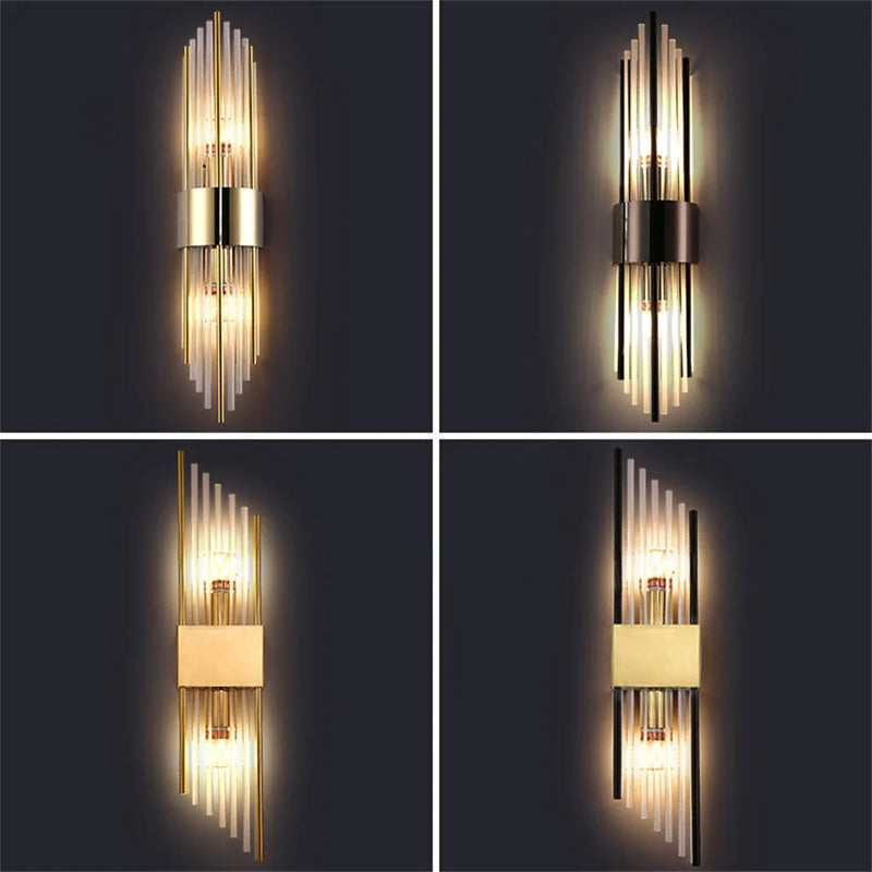 Axyaa Modern LED Wall Sconce - Crystal and Stainless Steel E14 Bulb, Black Gold, for Bedroom, Foyer, Dining Room