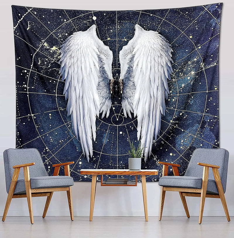 Axyaa Angel Wings Tapestry: Black & White Boho Trippy Hippie Wall Hanging