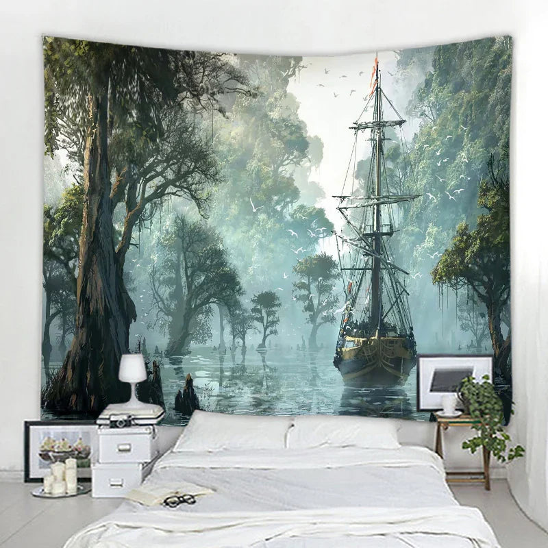 Axyaa Pirate Ship Tapestry - Sailing Seascape Decor for Boho Bedroom Aesthetics