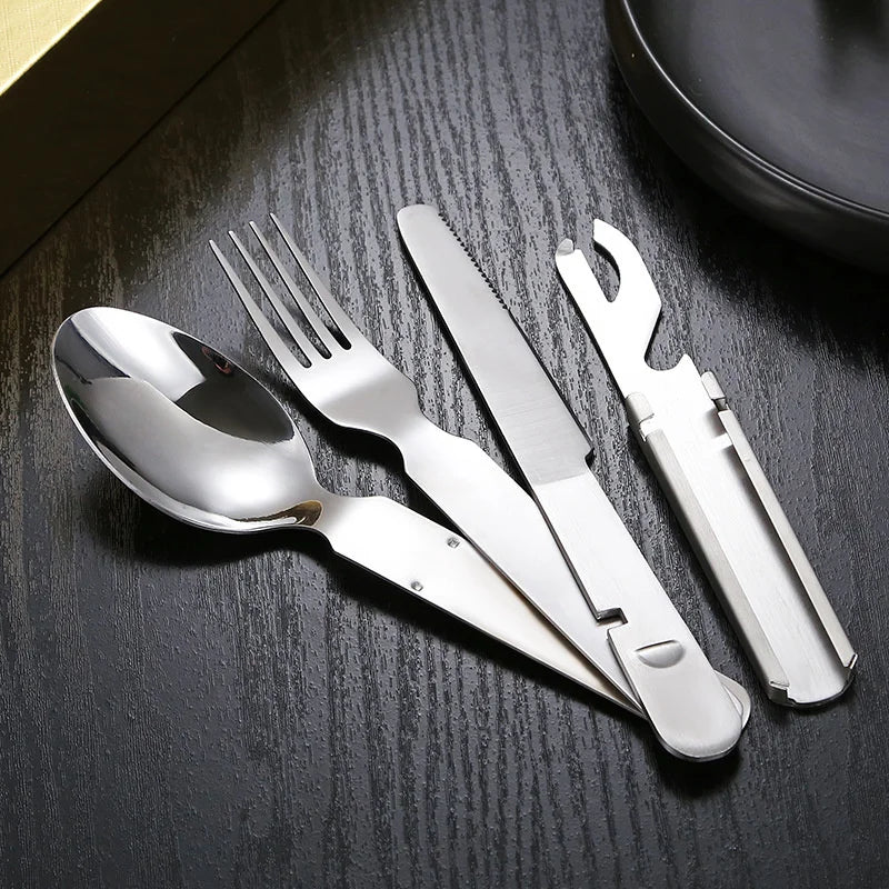 Axyaa 4-in-1 Stainless Steel Picnic Cutlery Set - Dining Knife Fork Spoon Bottle Opener