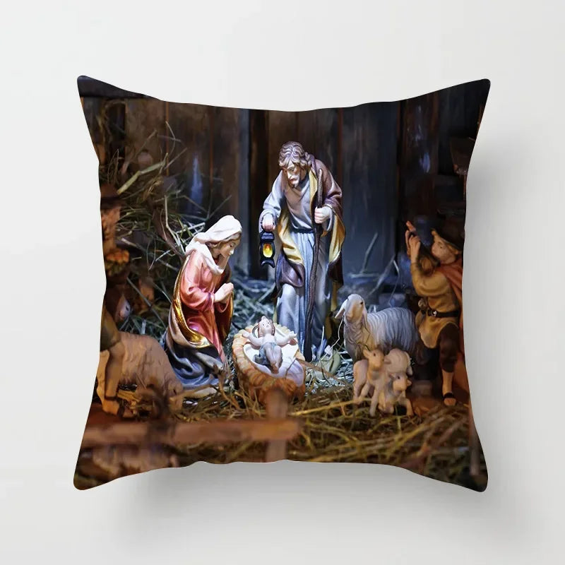 Retro Oil Painting Christmas Pillowcase - Axyaa Nativity Cushions Case Jesus Christ Print Throw Pillows Case
