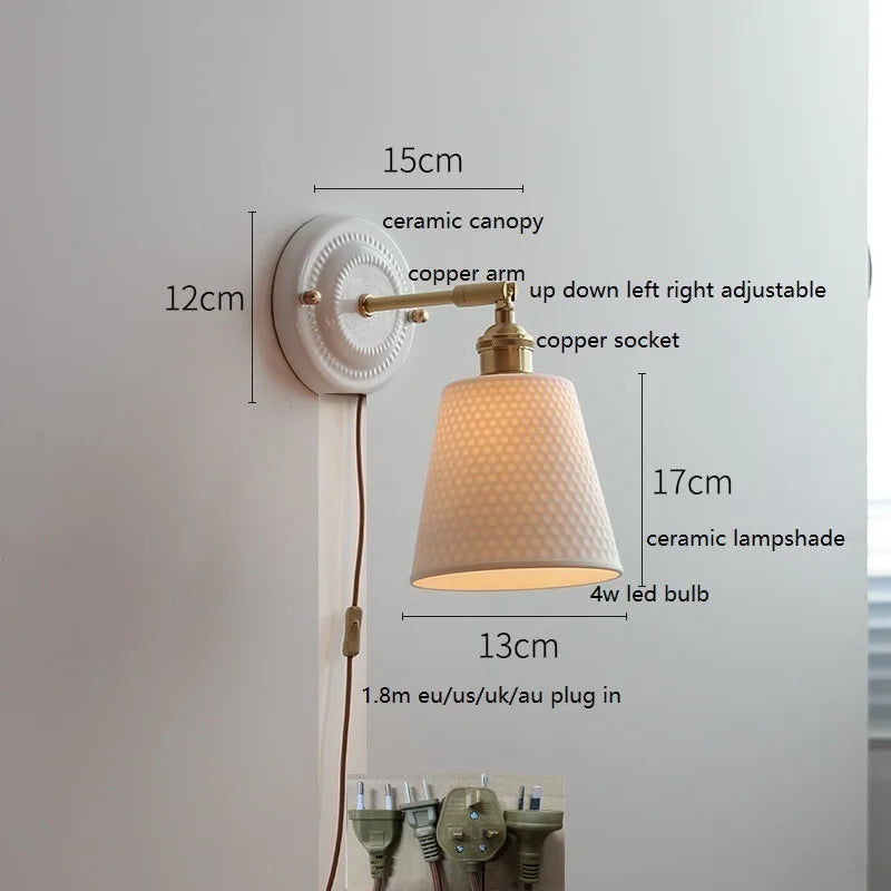 Axyaa Ceramic LED Wall Sconce with Adjustable Copper Arm - Pull Chain Switch