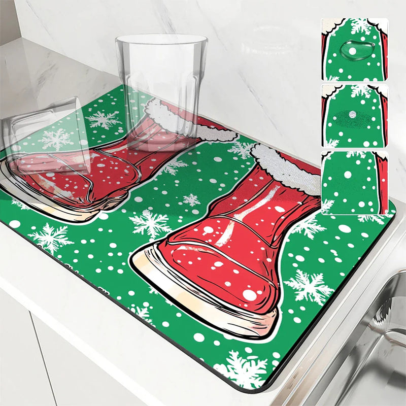 Axyaa Christmas Coffee Drying Mat - Absorbent Anti Slip Table Mat for Cups