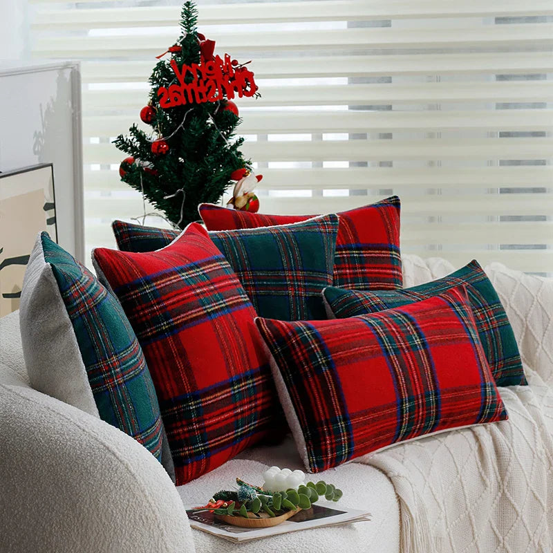 Axyaa Christmas Plaid Cushion Cover - Retro Red/Green 45x45cm