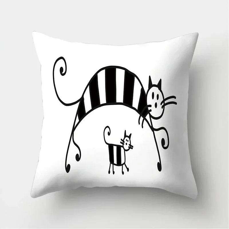 Axyaa Black & White Cat Pattern Cushion Cover for Living Room, Bedroom & Sofa