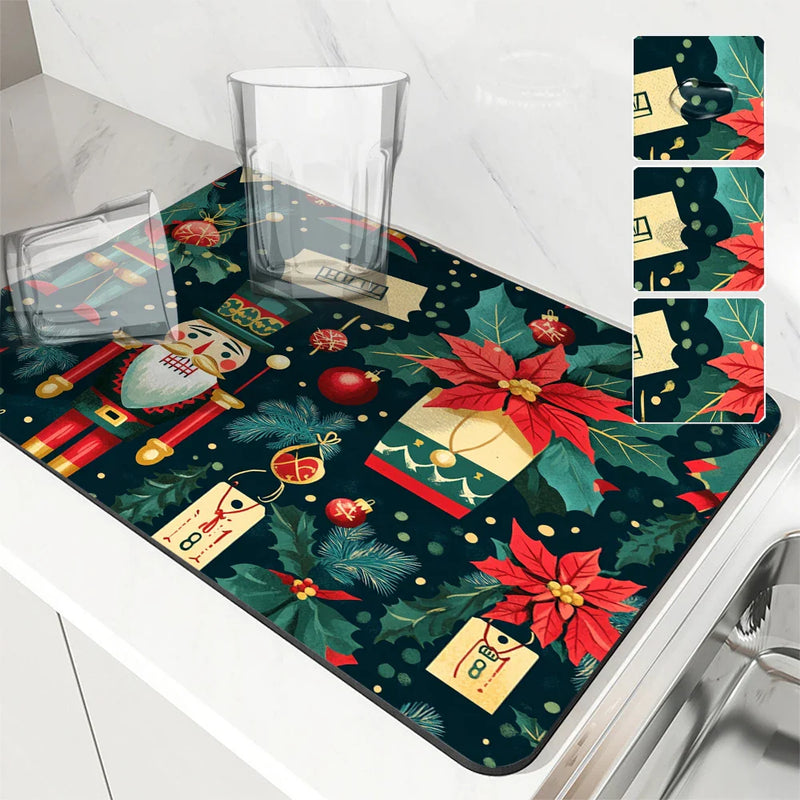 Axyaa Christmas Holly Absorbent Dry Mat for Dishes and Cups